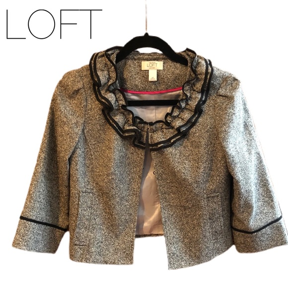 LOFT Jackets & Blazers - Ann Taylor LOFT black grey mix jacket  with ruffle neckline SZ 6P